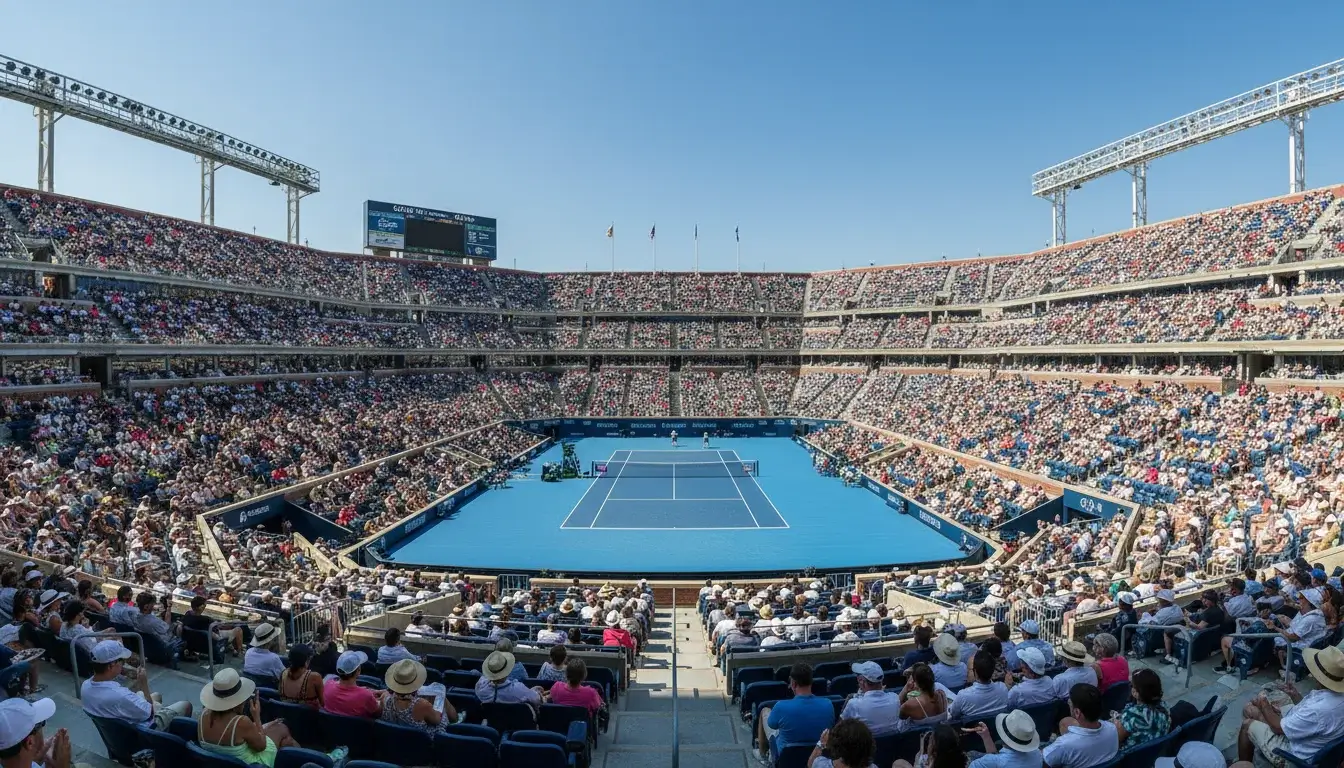 Volle tribune bij een Grand Slam tennistoernooi met centre court