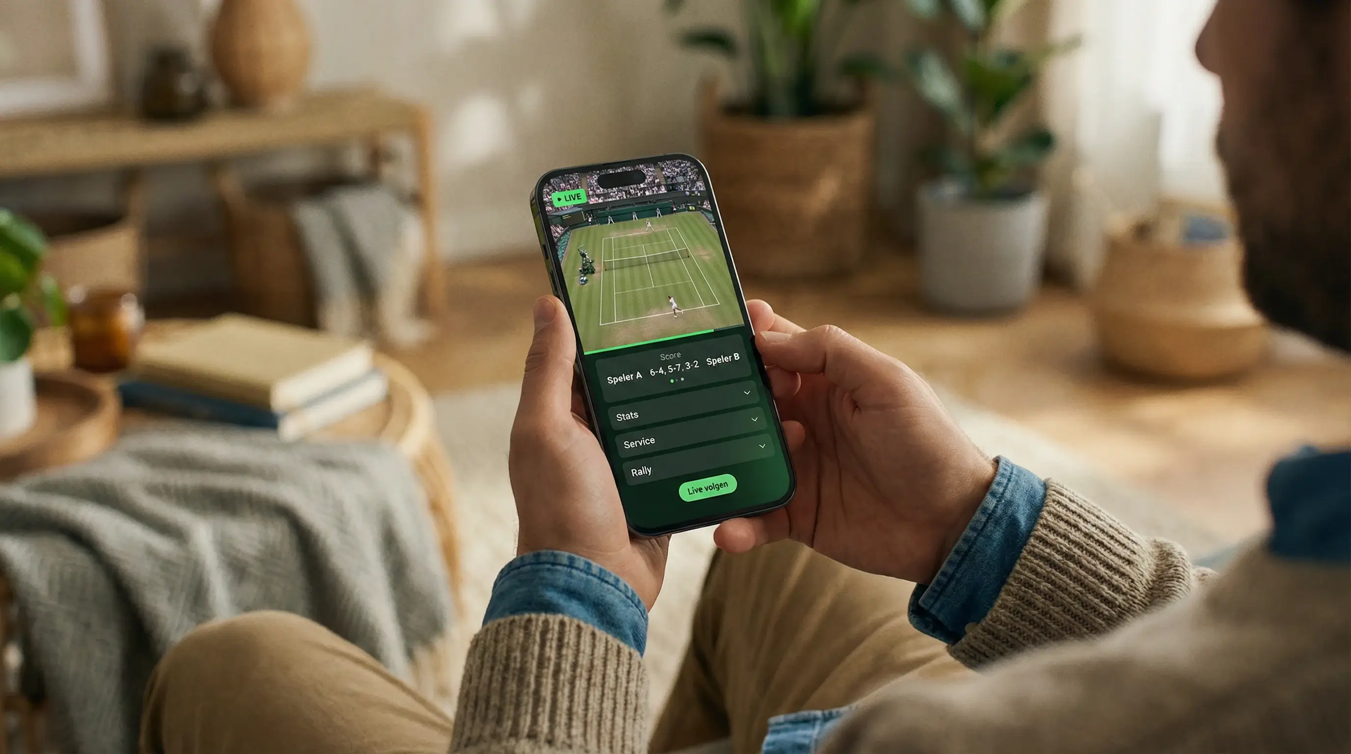 Smartphone met live tennis wedstrijd en odds op het scherm
