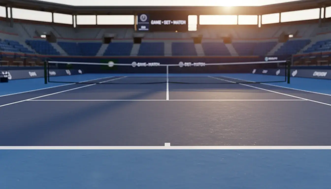 Tennisbaan op hardcourt met scorebord en wedstrijdspanning