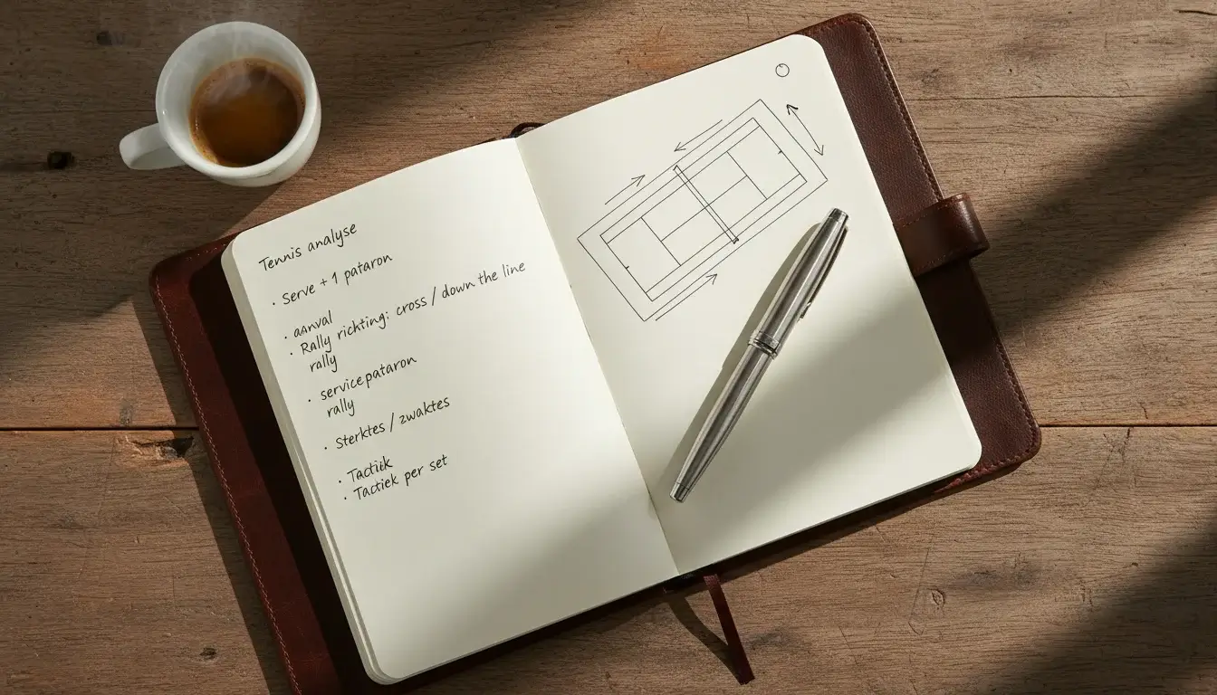 Notitieblok met tennisanalyse en pen op houten tafel